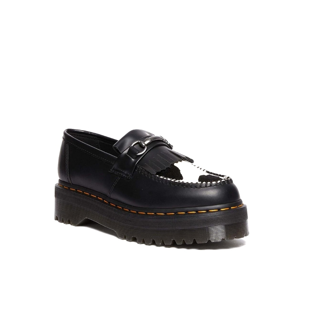 Doc Martens Black and White Cow Print Leather Horsebit Platform Quad Loafers